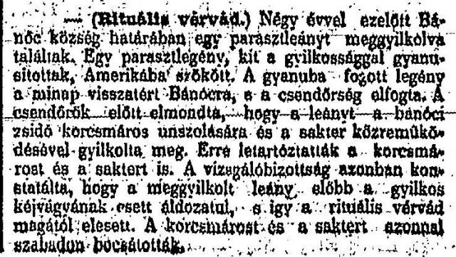 „Rituális vérvád.” (Forrás: Pesti Hírlap, 1898. 04. 07., 8. o.)
